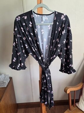 Pj Couture Black Robe with Pink Floral Tie-Front